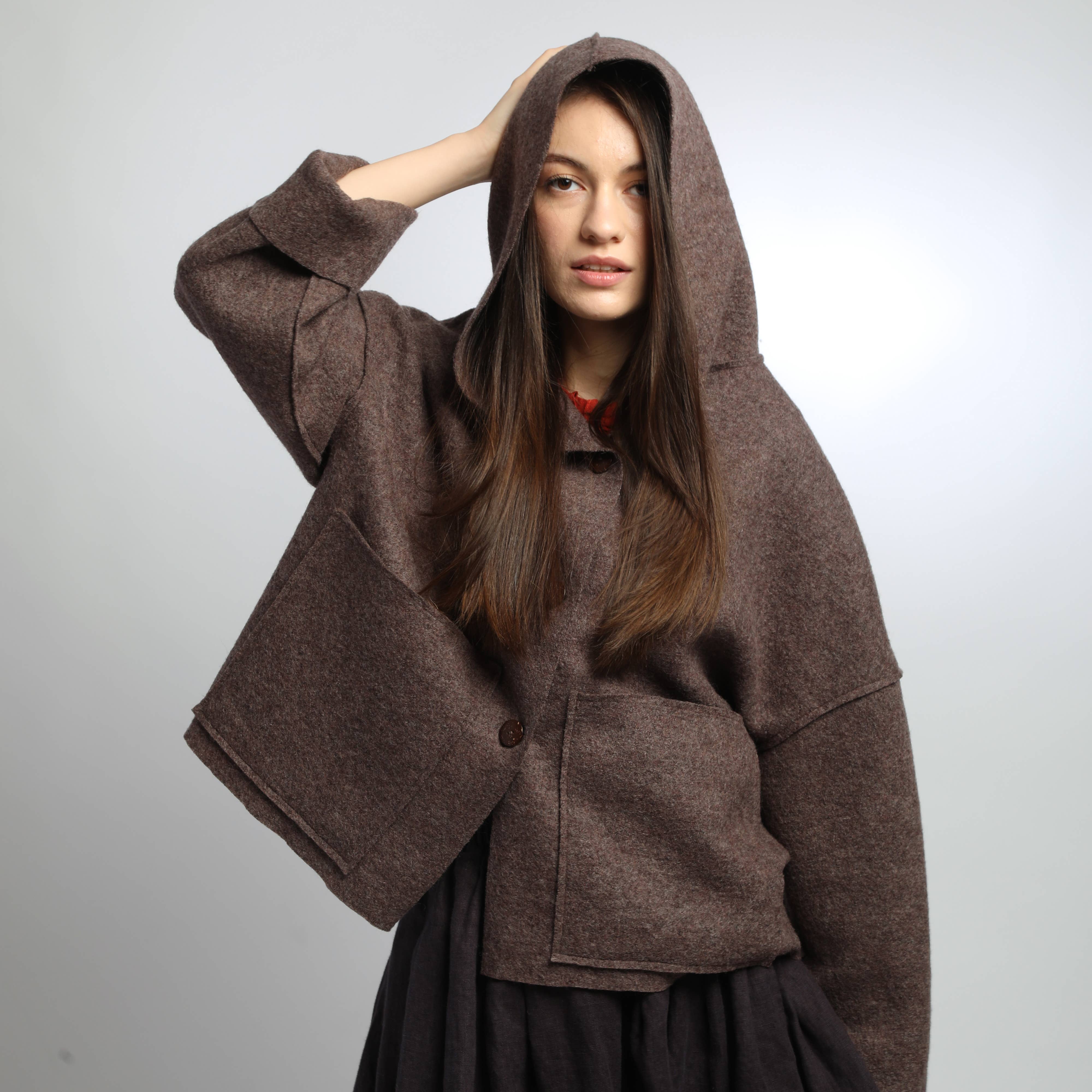 Knotium - Wholesale Jacket - Women's - UMMA Oversized Boiled Wool Hooded Jacket with Patch Pockets3