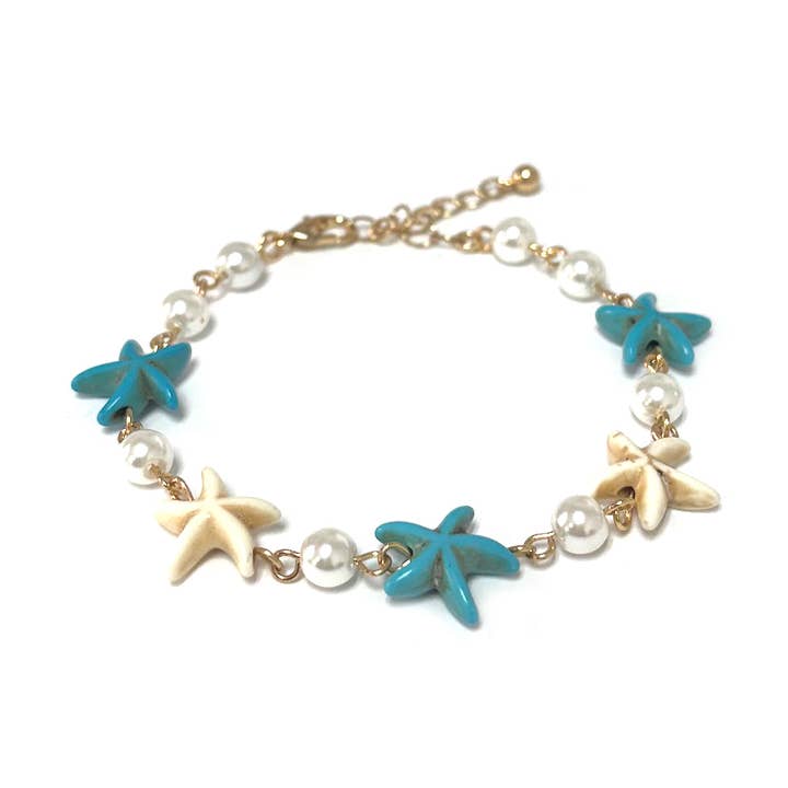 Turquoise & White Starfish Charm with Pearl Bracelet for wholesale by StarryNYC
