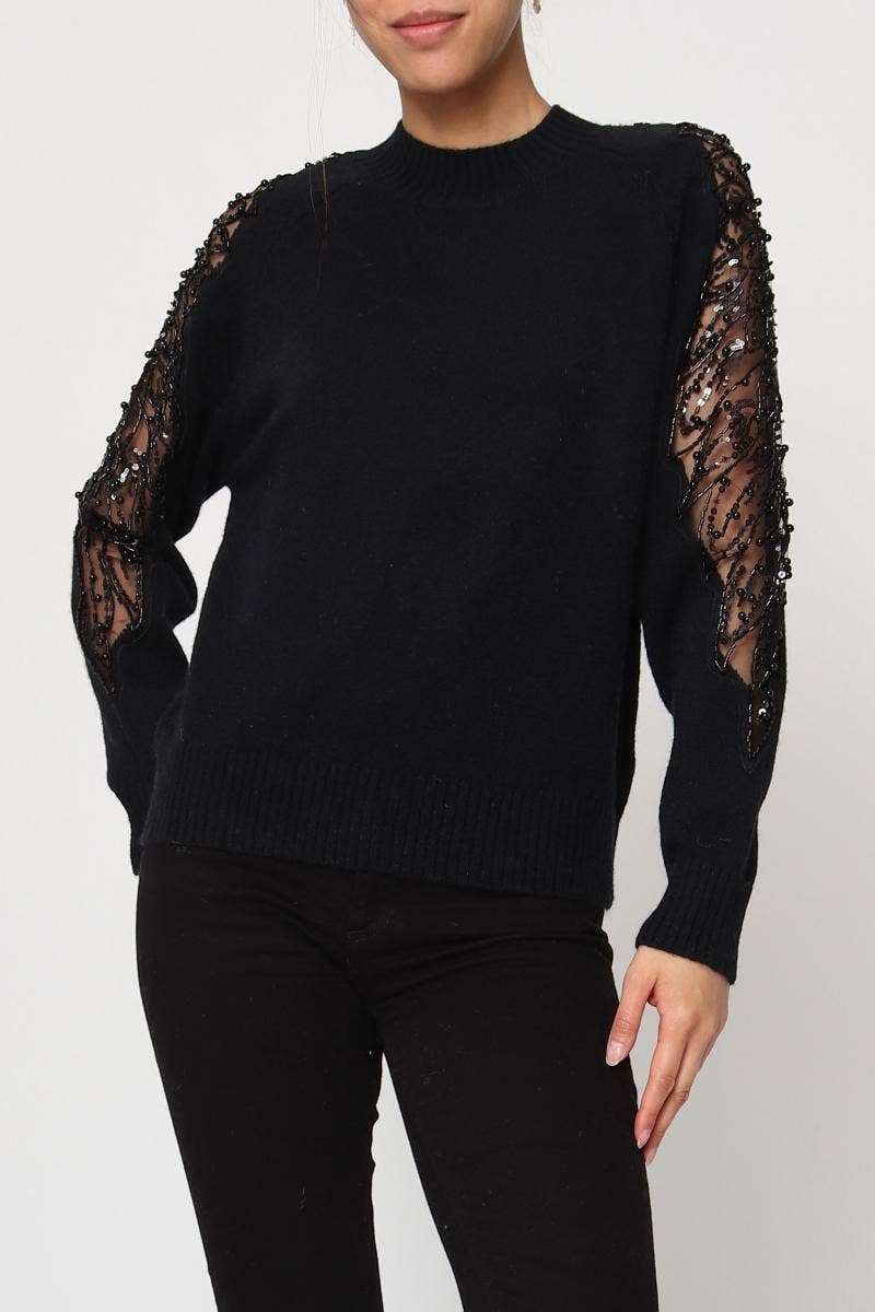 DIX-ONZE - Wholesale Knit Sweater - Women's - Soft Knit Sweater – Sequin & Pearl Details on Sleeves