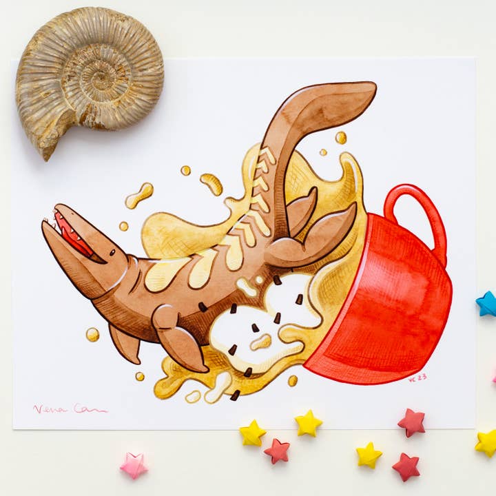 Mocha Mosasaurus Art Print for wholesale by Vena Carr Illustration