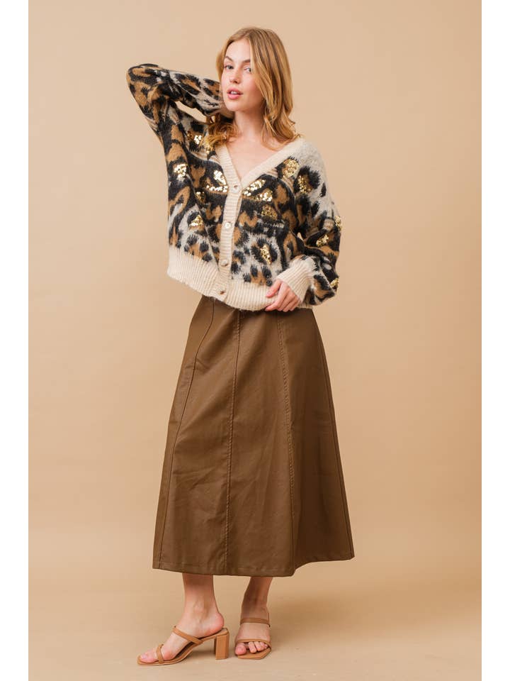 BLACK 17932W-Soft Leopard Pattern Sequin Cardigan Sweater for wholesale on Faire