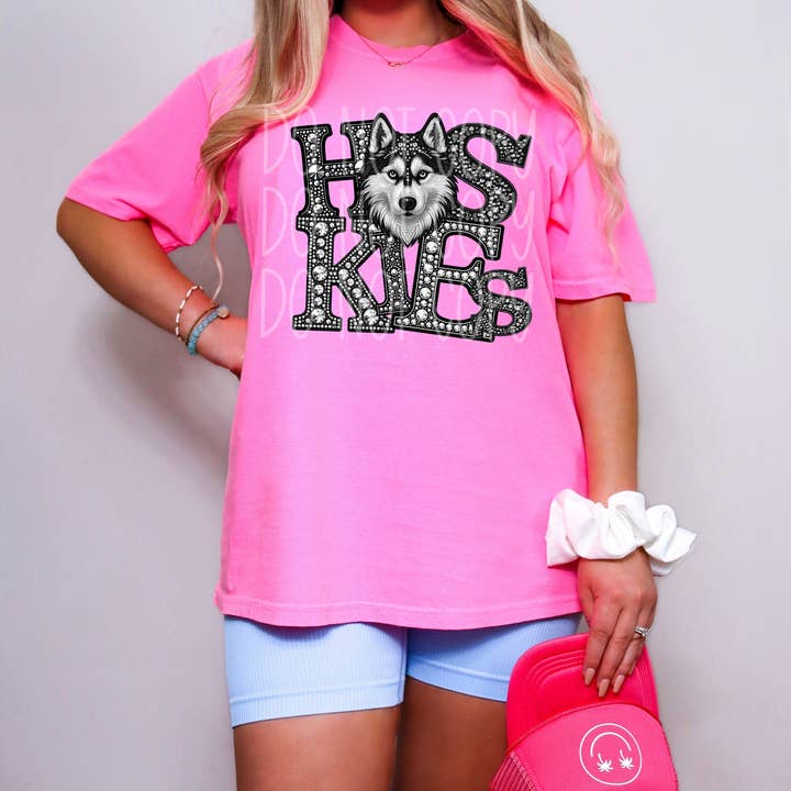 Huskies Faux Rhinestones DTF Transfer | Trendy School Spirit DTF Transfer | Ready to Press | High Quality DTF Transfers | Fast Shipping for wholesale by Red Dirt Transfers