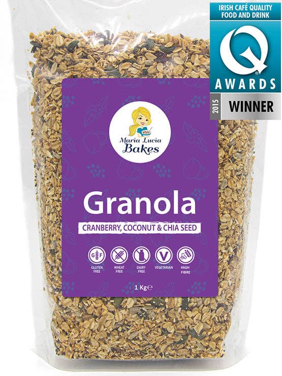 Cranberry, Coconut and Chia Seed Granola - 1kg - No Gluten, Wheat or Dairy - No Refined Sugar & Salt for wholesale by Maria Lucia Bakes - UK