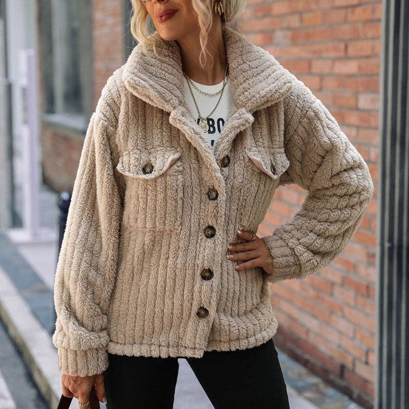 LIGHT COFFEE Double-Sided Fleece Solid Color Lapel Single Breasted Outerwear for wholesale on Faire0