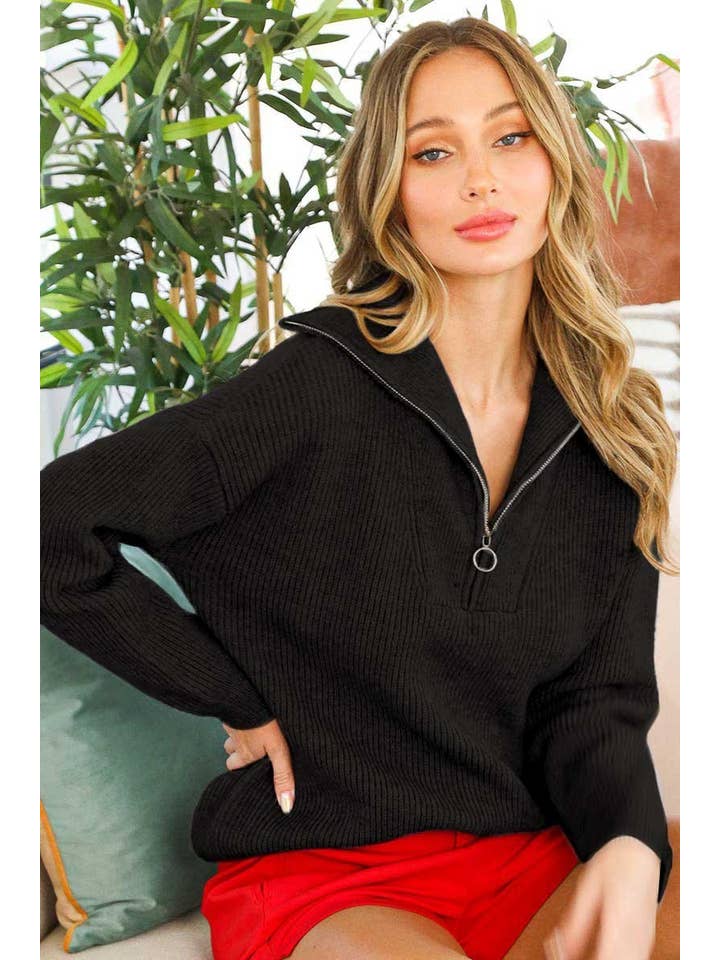 Vine & Love - Wholesale Knit Sweater - Women's - Collared Half Zip-Up Long-Sleeve Knitted Sweater Top VT60536