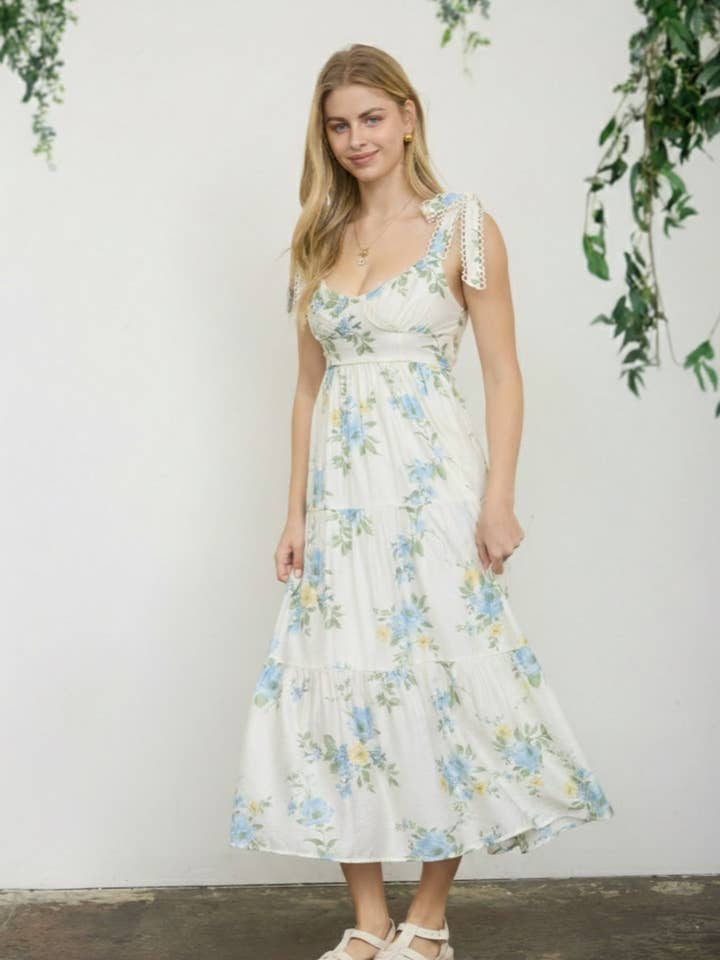 FLORAL TIE STRAP WITH SCALLOP LACE TRIM MIDI DRESS for wholesale by Blu Pepper