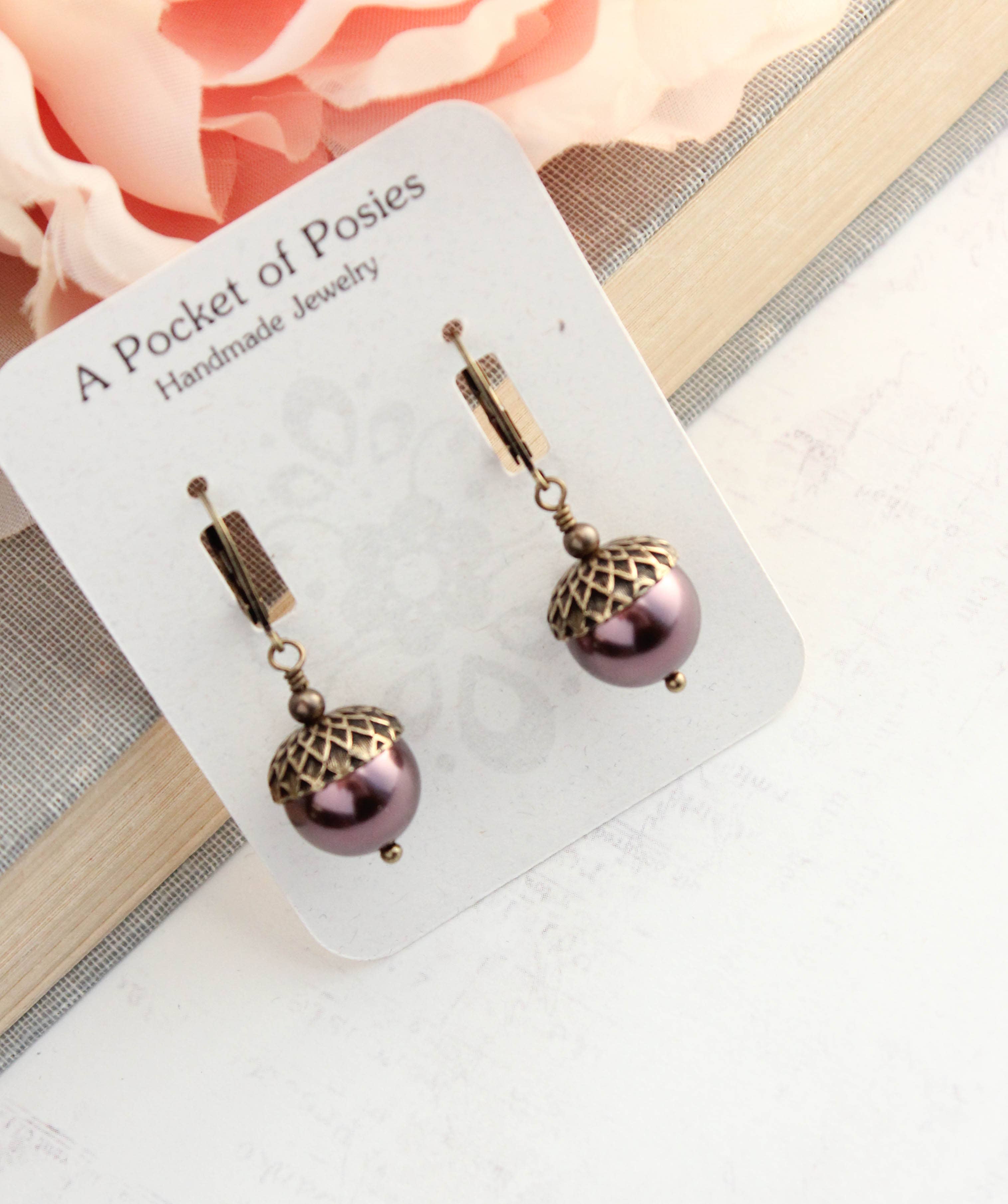 A Pocket of Posies - Wholesale Dangle Earrings - Pearl Acorn Earrings (21 Colors) - ANTIQUED BRASS2