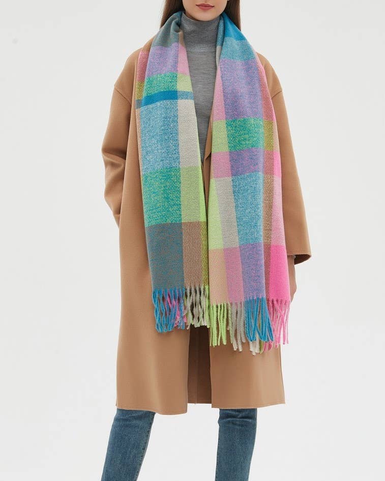 HIDDENBRAND - Wholesale Scarf - Women's - Soft cozy color block fringe scarf wrap13