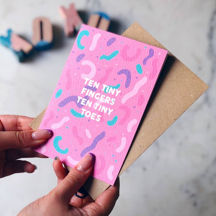 Ten Tiny Fingers, Ten Tiny Toes Card Pink for wholesale by Xoxo Designs by Ruth