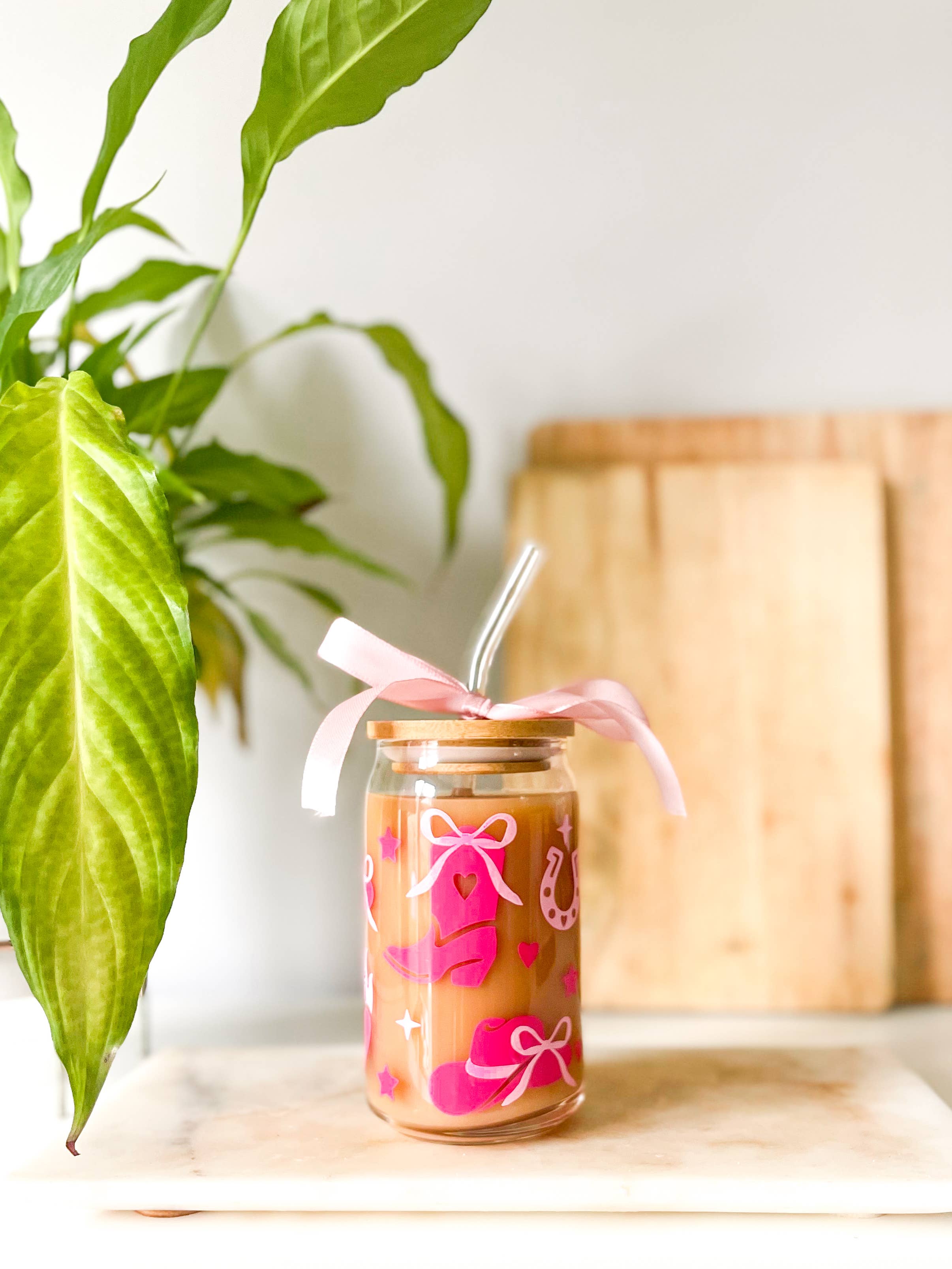 Hope and Grey Creative – wholesale Drinking glass/cup –  Cowgirl Glass Can with Bamboo Lid and Clear Glass Straw 4