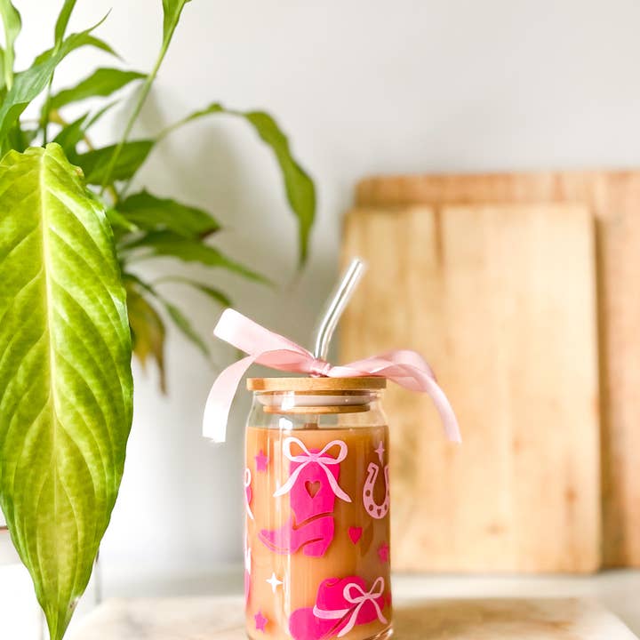 Hope and Grey Creative – wholesale Drinking glass/cup – Cowgirl Glass Can with Bamboo Lid and Clear Glass Straw 4