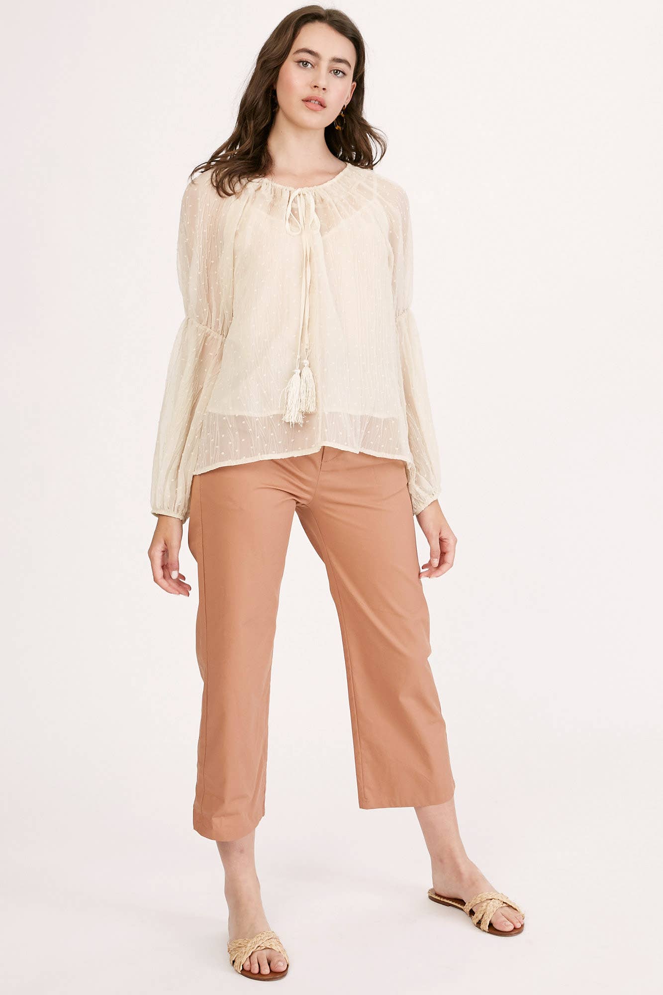 Champagne Swiss Dot Tassel Tie Blouse LT1016 for wholesale on Faire11