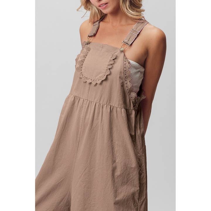 IVE - Wholesale Overalls - Women's - LACE EDGE DETAIL WIDE LEG OVERALL