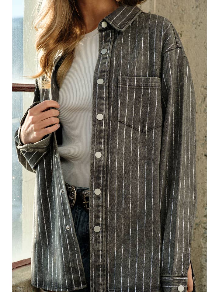 Blue B - Wholesale Denim Jacket - Women's - 22262J - High Luxury Embellished Sparkle Stone Stripe Jacket3