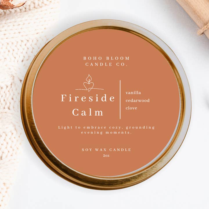 Fireside Calm – 56 g Reise-Dosenkerze für den Großhandel von Boho Bloom Candle Co.