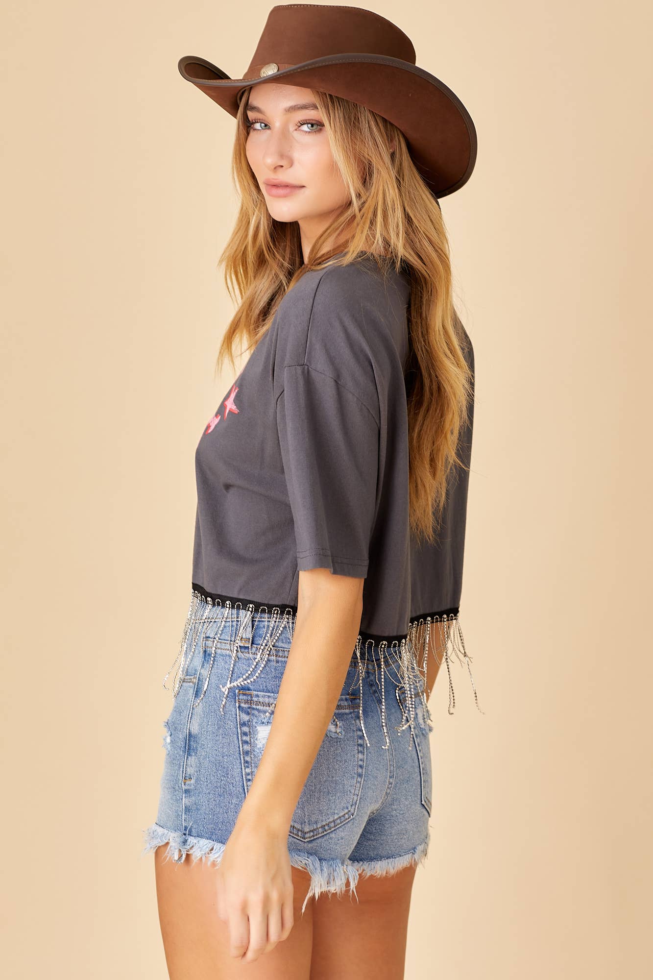 CHARCOAL WILD WEST CROP TOP WITH CHAIN FRINGE DETAIL for wholesale on Faire5