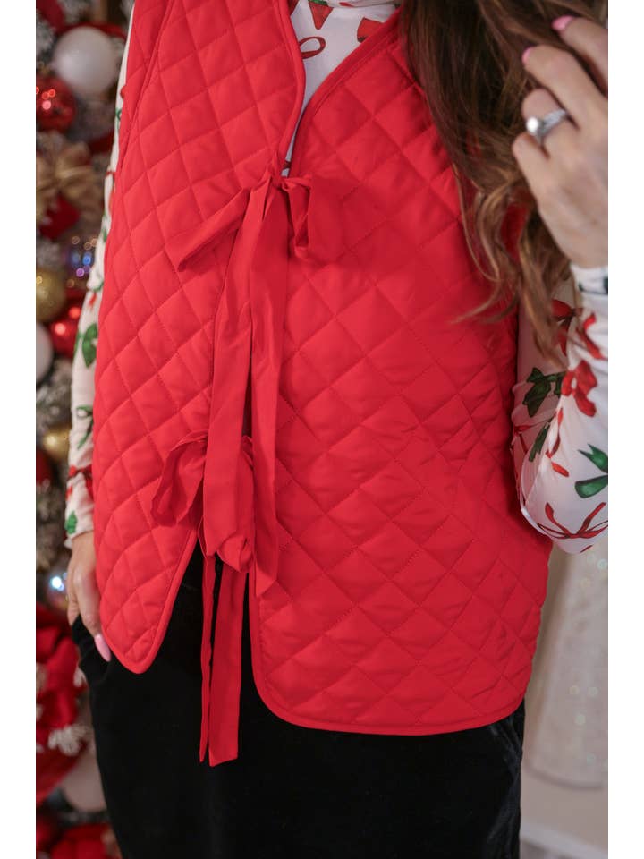 Twila Quilted Tie Vest- Red for wholesale on Faire4