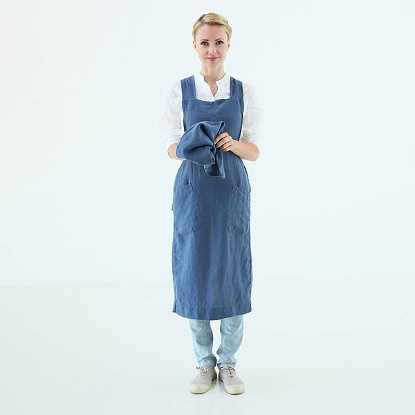 STONE WASHED BACK CROSS APRON INDIGO 31 x 37 for wholesale by LinenMe