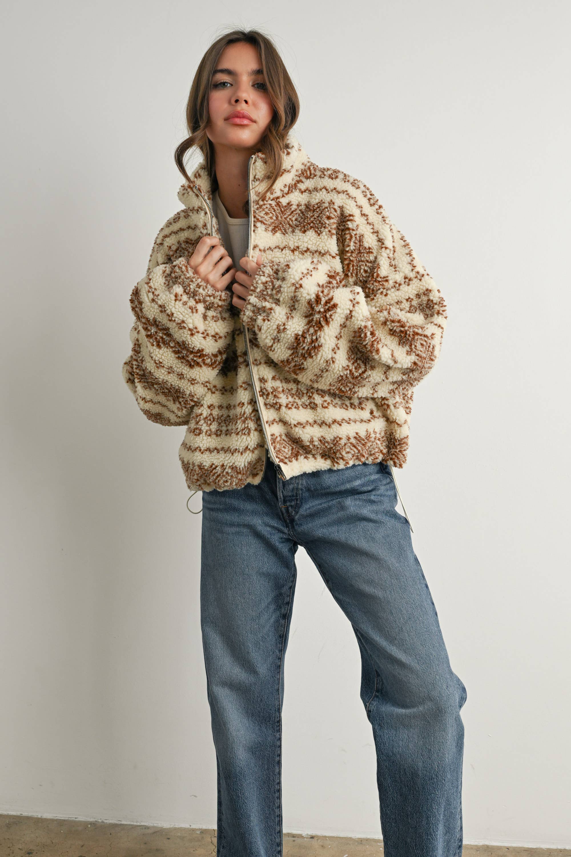 BUTTERMELON - Wholesale Jacket - Women's - Fuzzy Fleece Zip-Front Patterned Jacket - BMJ780722