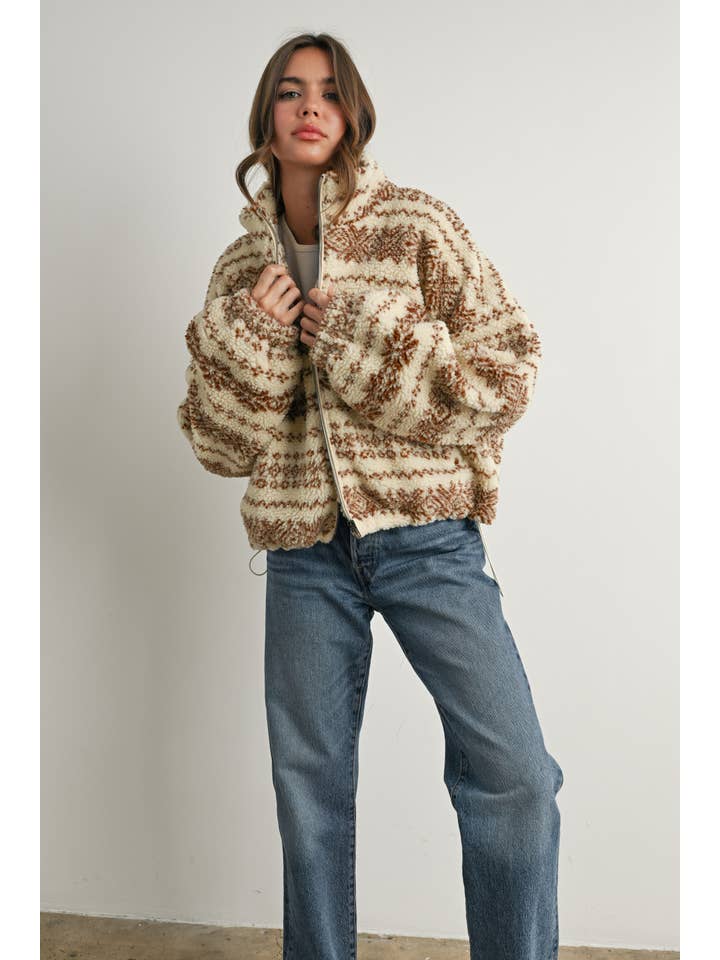 BUTTERMELON - Wholesale Jacket - Women's - Fuzzy Fleece Zip-Front Patterned Jacket - BMJ780722