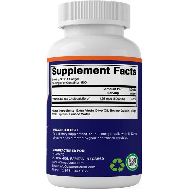 Vitamatic - Wholesale Oral Supplement/Vitamin - Vitamatic Vitamin D3 5000 IU (125 mcg) - 500 Softgels