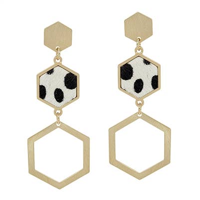 Orecchino a goccia con esagono dorato e stampa ghepardo bianco 1,75» per la vendita all'ingrosso da parte di What's Hot