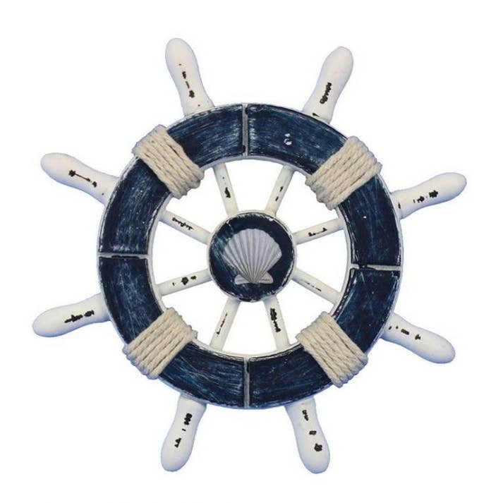 Rustic Dark Blue and White Decorative Ship Wheel With Seashe for wholesale by Hampton Nautical