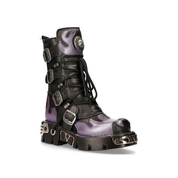 Nero Stivali da motociclista in pelle nera/rossa con teschio e fiamme New Rock - M-591-S5 in vendita all'ingrosso su Faire