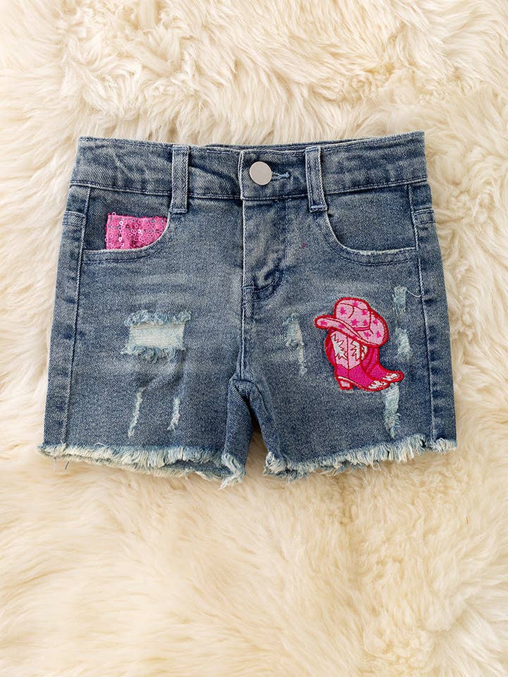 Kids Charm Online - Wholesale Shorts - Kids - (Western) Distressed Western patch denim shorts. PNG50286 Jean