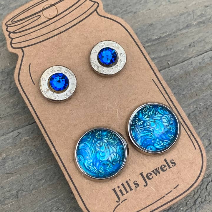 Conjunto de brinco bala de 9 mm de onda floral azul por atacado de Jill's Jewels