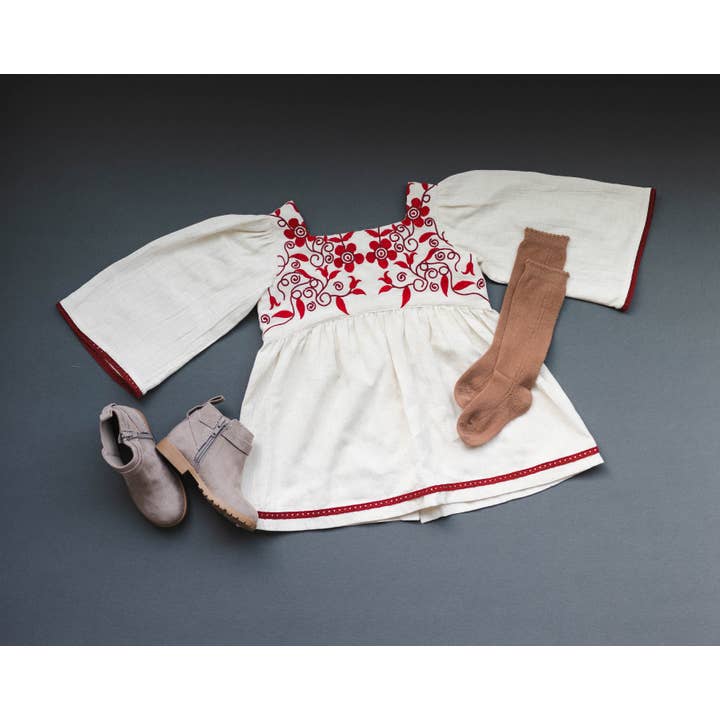 LARILI - Wholesale Dress - Kids - Linen Blend Natural Hand Embroidery Dress