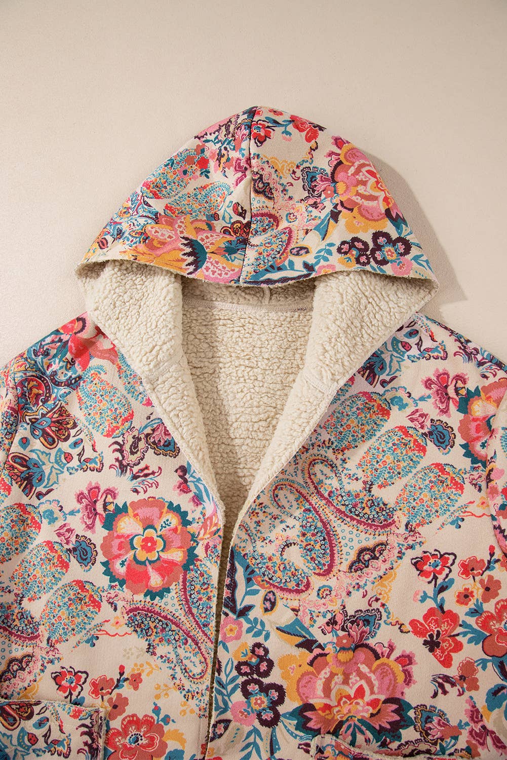 As shown Paisley Floral Print Sherpa Lined Hooded Jacket | S-XL for wholesale on Faire9