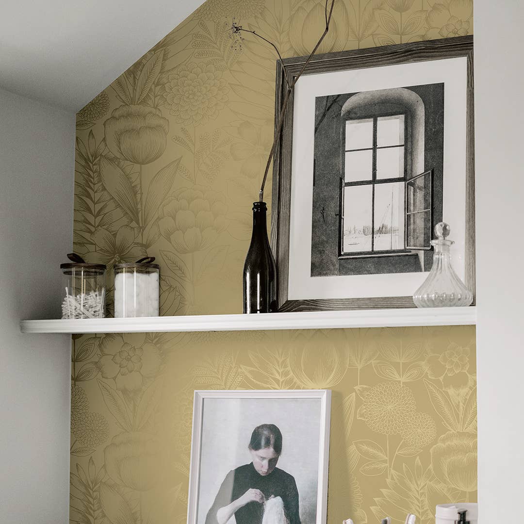 Tempaper & Co ® - Vente Papier peint - Papier peint à décoller et à coller Homestead Floral Gold, 28 pieds carrés4