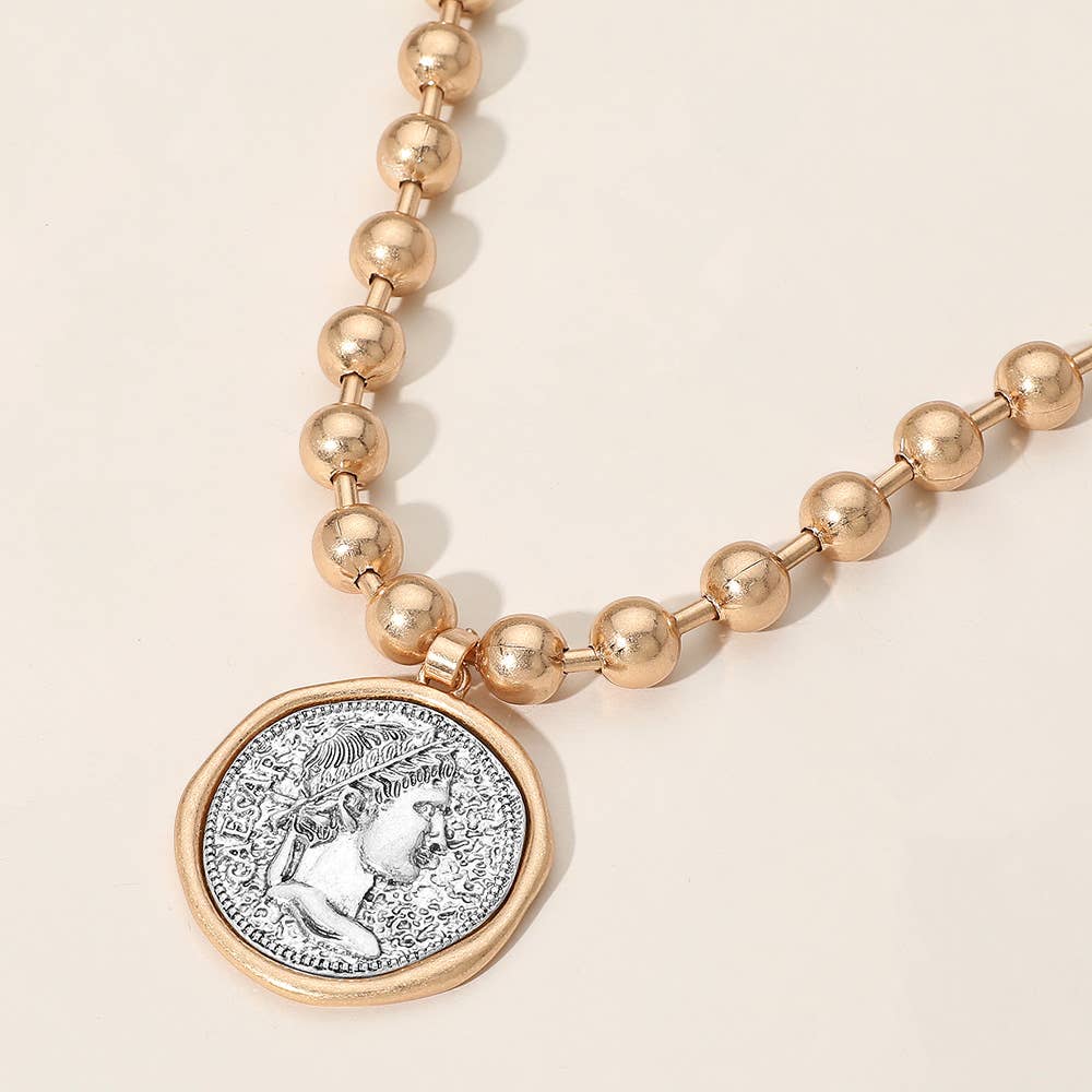 Sensibling Corp. - Wholesale Pendant/Charm Necklace - Worn Metal Roman Caesar Medal Pendant Beaded Necklace0