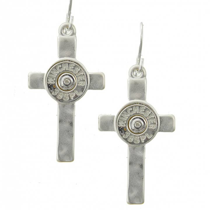FR4969 Matte Silver Bullet Hammered Cross Metal Earrings for wholesale by 0011 PREMIERE