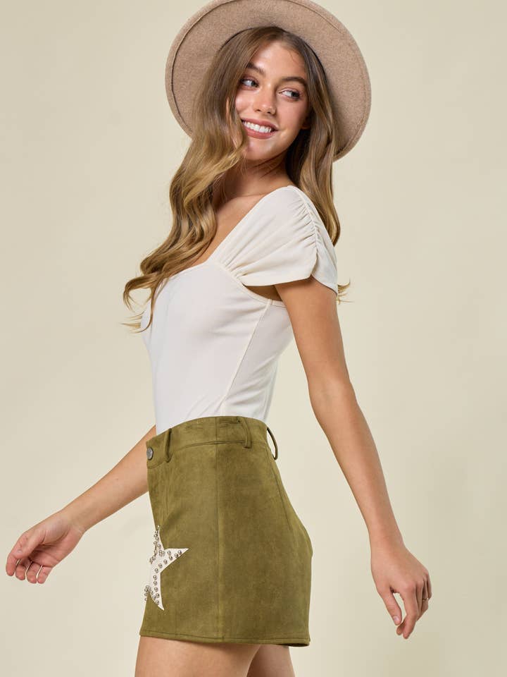 Saints & Hearts - Wholesale Shorts – Women’s - SIP6191A OLV SUEDE SHORTS WITH SOLID SILVER STUDDED STARS5