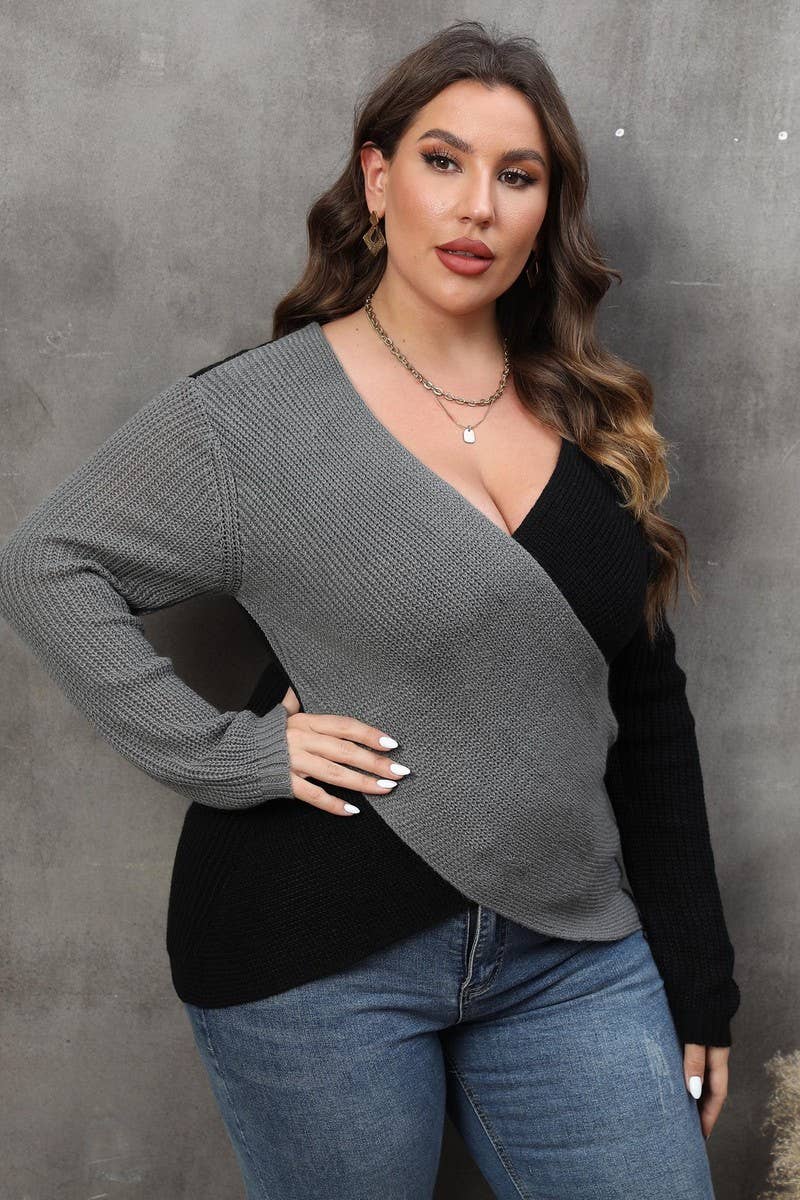 Lily Clothing - Wholesale Knit Sweater - Women's - WOMEN PLUS SIZE SEXY DEEP NECK CROSS WRAP SWEATER_CWOCAL02983