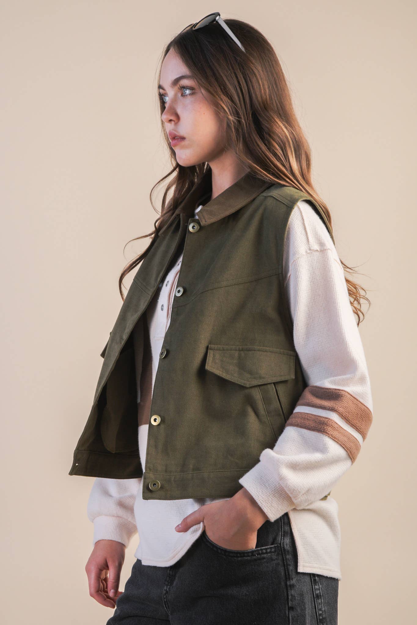 VERY J – Engroshandel Vest - Dame – NT12284-Vasket Bomulds Casual Vest med Knapper2