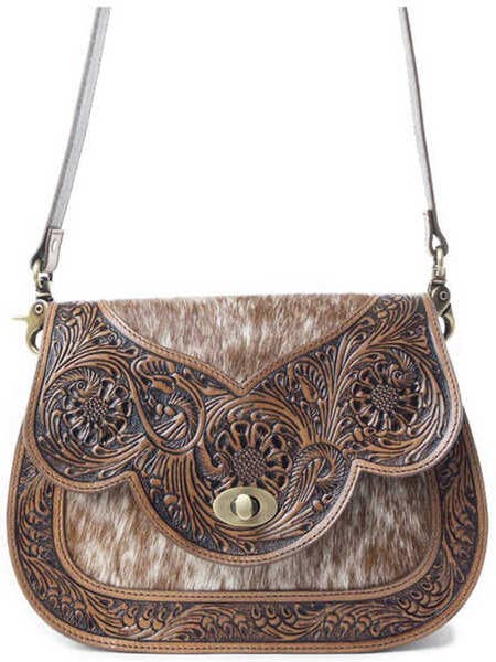 Sadel-skuldertaske i præget læder for engroshandel hos Ganges Grain Inc