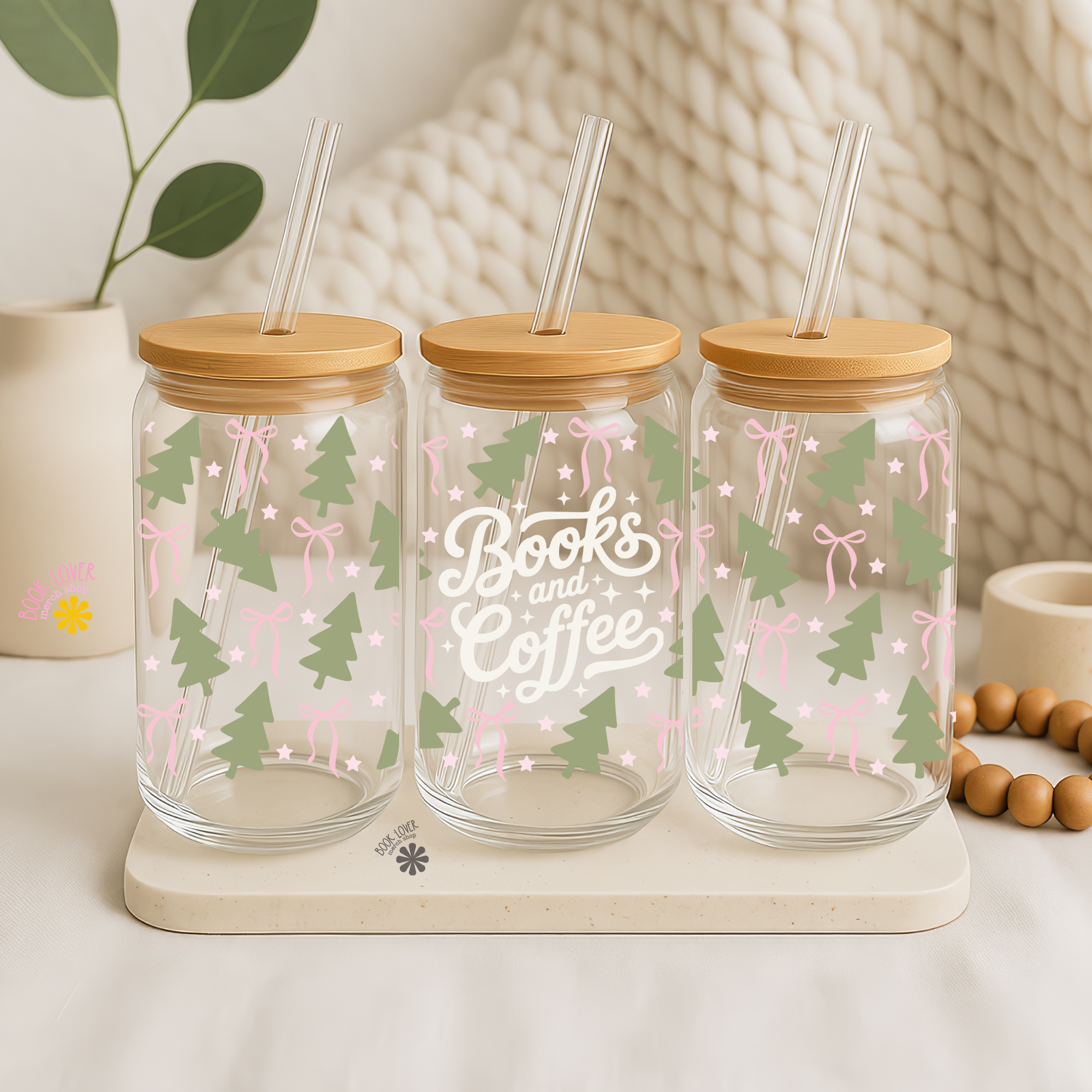 Book Lover Merch Shop – Großhandel Trinkglas/Tasse – Weihnachtsbücher und Kaffee 16 OZ Glasdose UV DTF FOLIE1