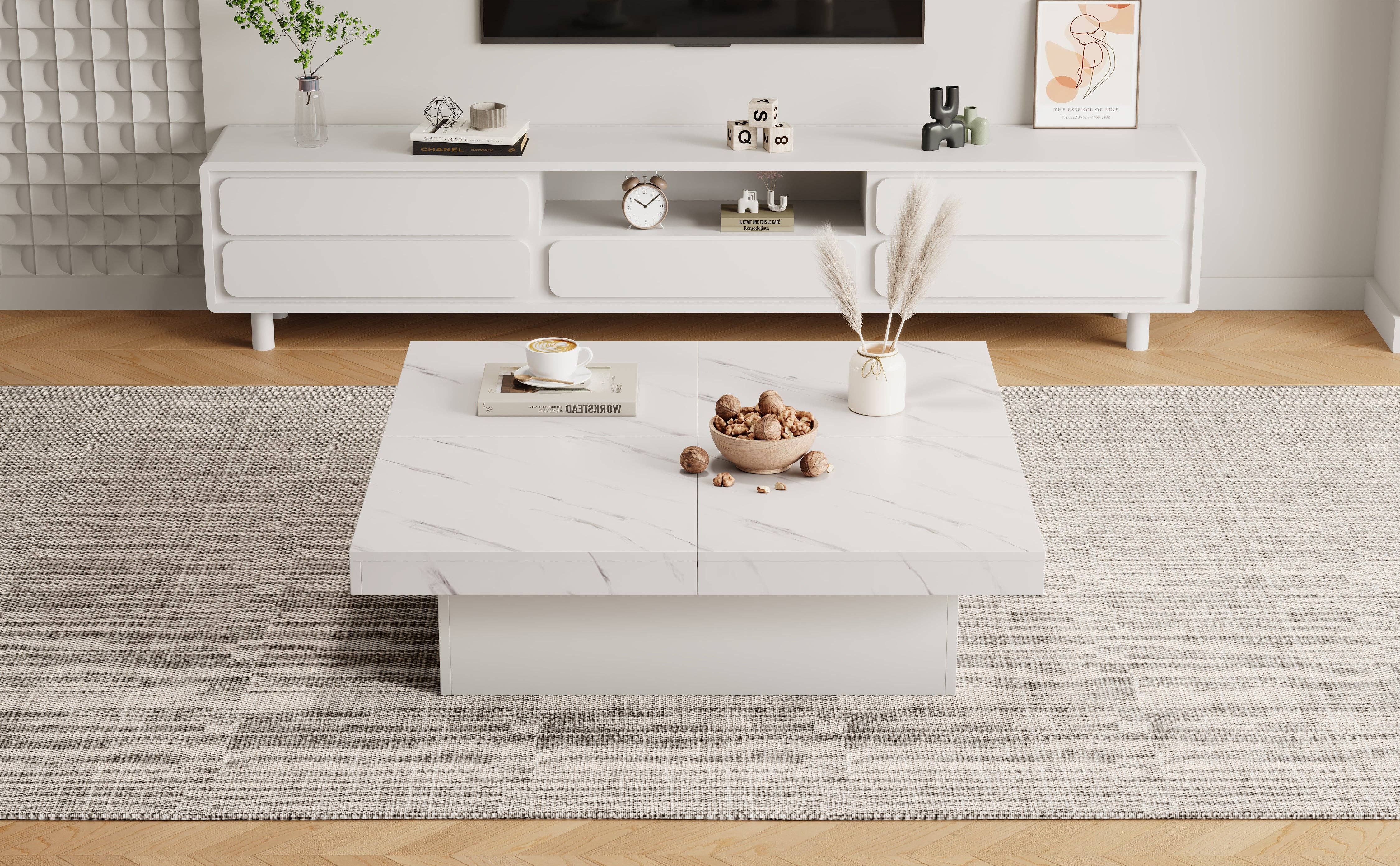 Urban Meuble - Wholesale Side Table - Modern white square coffee table with marble effect, 4 drawers, sliding top 90x90x25cm KHEKRIED48