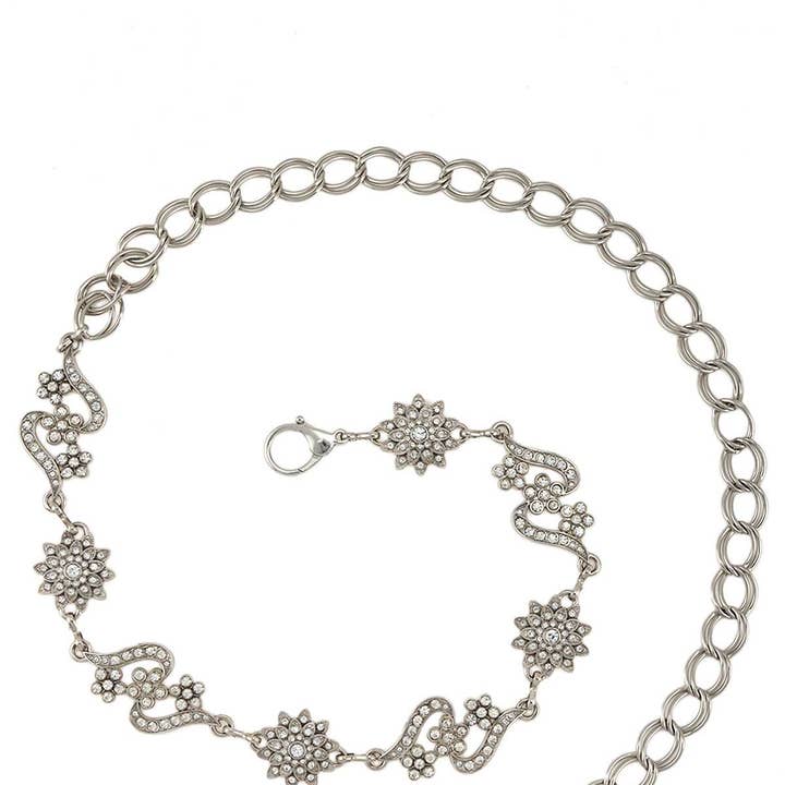 SILVER Rhinestone floral metal chain belt for wholesale on Faire