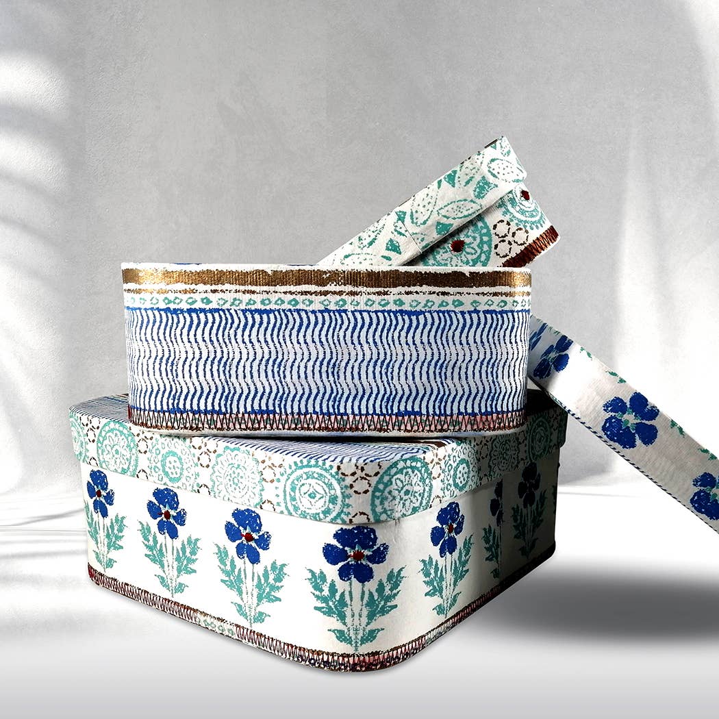 PaperSpree - Vente Boîtes décoratives - Boîtes décoratives carrées par lot de 3 | Fleurs bleues2