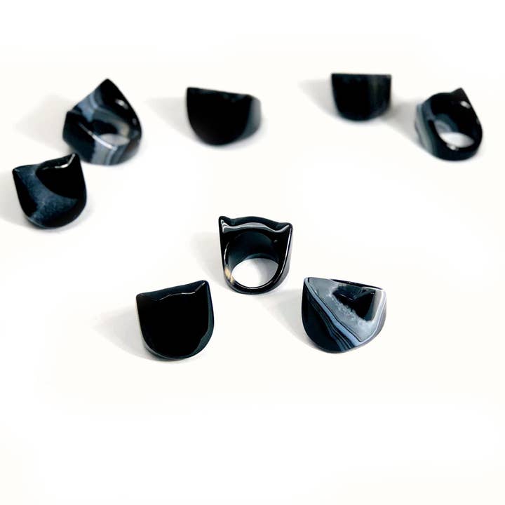 Rock Paradise - Wholesale Cocktail/statement ring - Crystal Black Agate Cat Polished Rings - Halloween