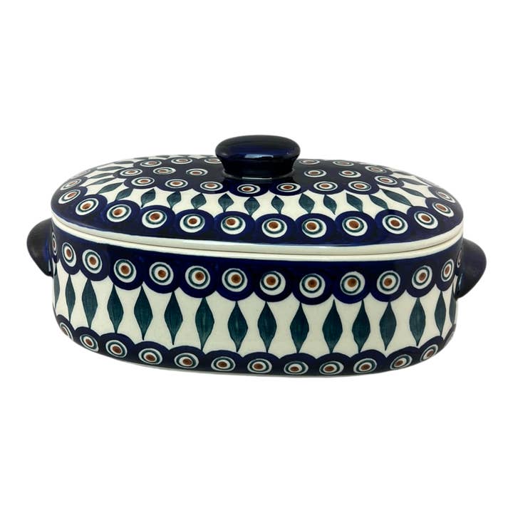 Baker, Oval, Lid, Handles, Small 11" x 5.5" in "Peacock" by Manufaktura | C021T-54 for wholesale by Polish Pottery Outlet