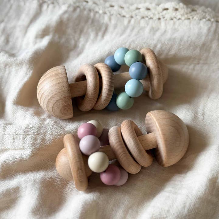 Summerville organic - Wholesale Handheld Rattle - Baby - Baby Wooden Rattle Silicone Beads Blue3