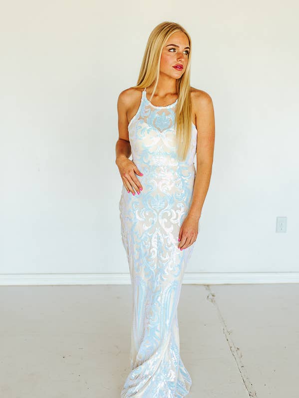 LUCKY & BLESSED - Vendita all'ingrosso Vestito - Donna - Maxi abito bianco in pizzo con paillettes iridescenti
