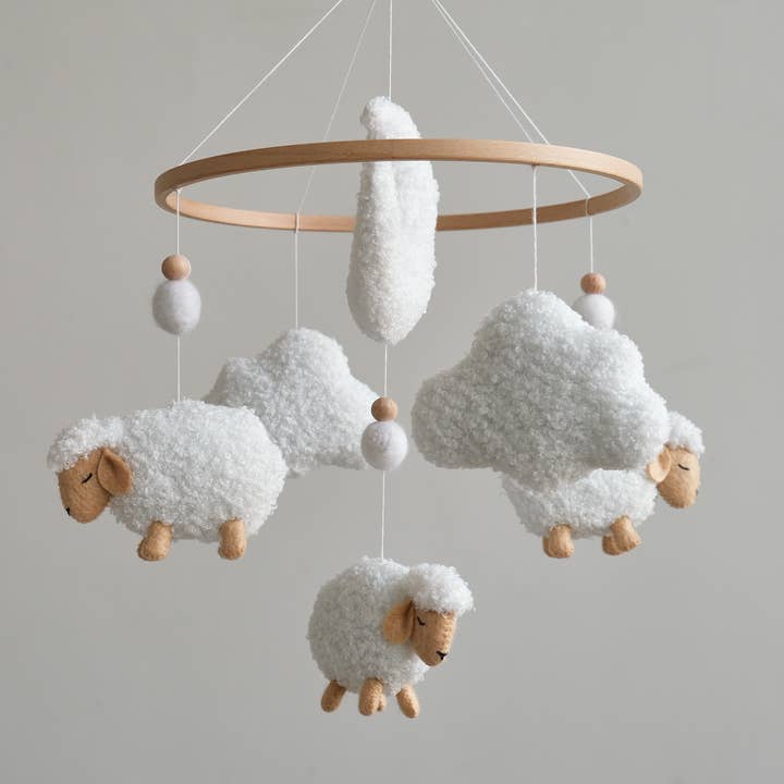 ChilDreams - Wholesale Baby Mobile - Boucle Sheep Baby Crib Mobile, White boucle clouds mobile
