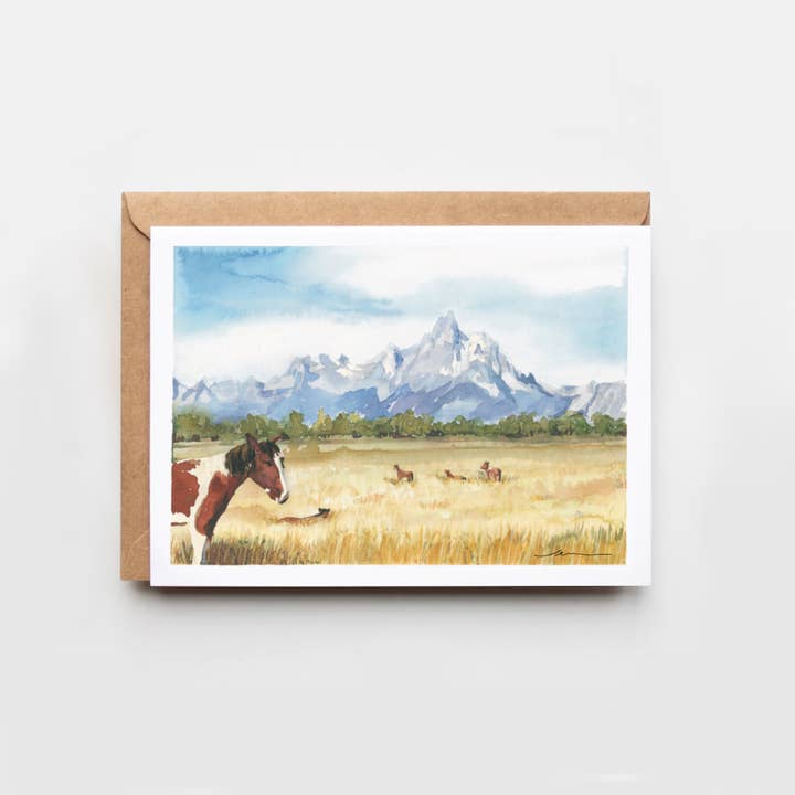Horses & The Tetons Mountains Greeting Card for wholesale by Creative Leaf