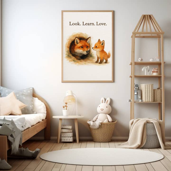 Titta Lär Älska Räv Familj Skogslandskap Akvarell Barnrum Väggdekoration Print för wholesale av WinsterCreations™